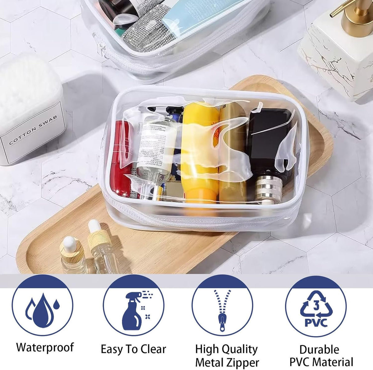 6 Pieces Clear Cosmetics Bag Bulk, TSA Approved Toiletry Bag for Travel, Zippered Clear Pouch Cosmetic Makeup Bag Waterproof Vinyl Plastic Organizer Case for Vacation Bathroom (Large)