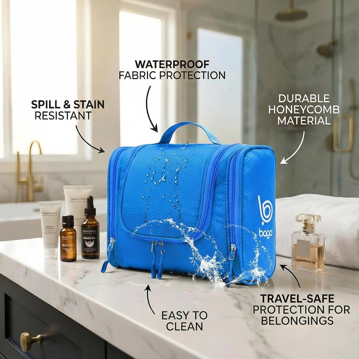 Bago Travel Toiletry Bag for Women and Men - Large Waterproof Hanging Large Toiletry Bag for Bathroom and Travel Bag for Toiletries Organizer -Makeup Bag (Blue)