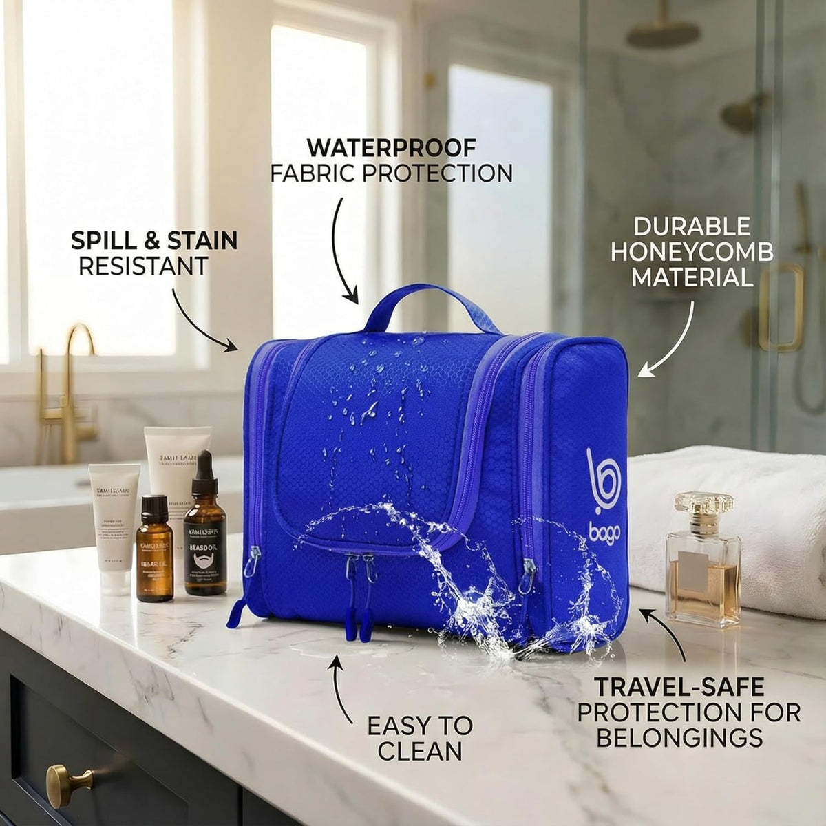 Bago Travel Toiletry Bag for Women and Men - Large Waterproof Hanging Large Toiletry Bag for Bathroom and Travel Bag for Toiletries Organizer -Makeup Bag (Blue)
