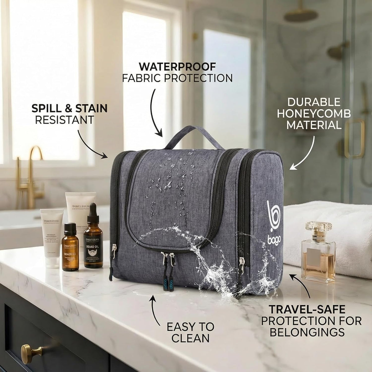 Bago Travel Toiletry Bag for Women and Men - Large Waterproof Hanging Large Toiletry Bag for Bathroom and Travel Bag for Toiletries Organizer -Makeup Bag (Blue)