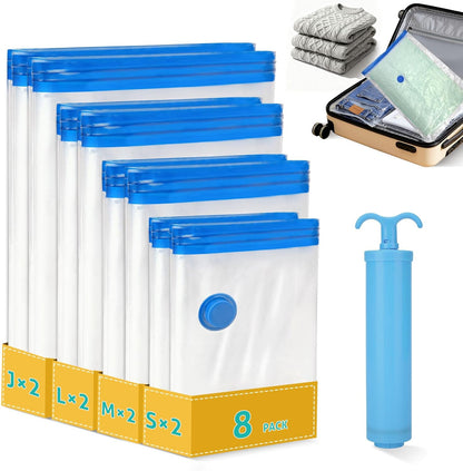 8 Pack Travel Vacuum Storage Bags 4 Size(24/28/32/40 Inch) with Pump | Portable, Vacuum Seal Bags for Clothing Travel, Space Saver, Luggage Suitcases Clothes Blanket Bedding, Storage Organizer