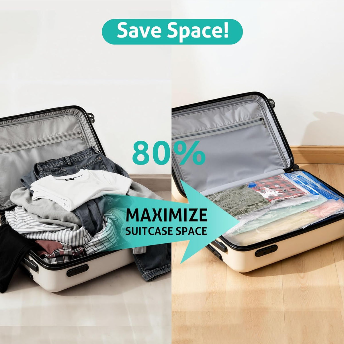 8 Pack Travel Vacuum Storage Bags 4 Size(24/28/32/40 Inch) with Pump | Portable, Vacuum Seal Bags for Clothing Travel, Space Saver, Luggage Suitcases Clothes Blanket Bedding, Storage Organizer