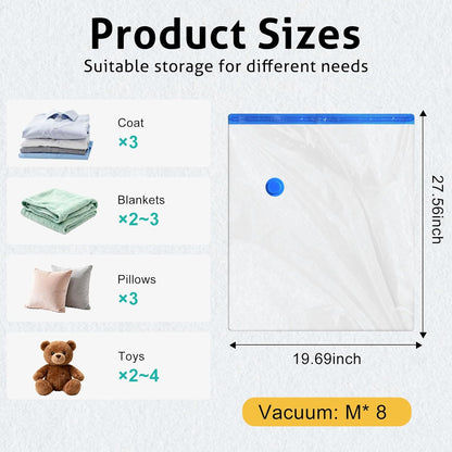 8 Pack Travel Vacuum Storage Bags 4 Size(24/28/32/40 Inch) with Pump | Portable, Vacuum Seal Bags for Clothing Travel, Space Saver, Luggage Suitcases Clothes Blanket Bedding, Storage Organizer