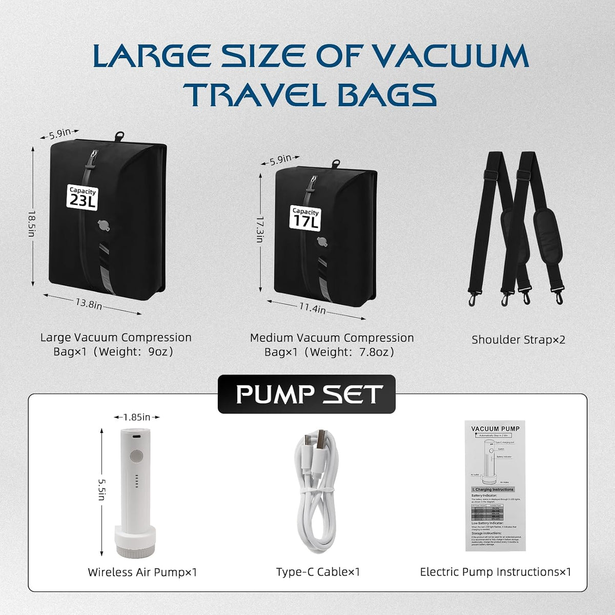 Travel Vacuum Bags With Pump,Space Saver Vacuum Storage Bags, Ip67 Waterproof,Airless Vacuum Kit Travel Carry On Suitcase and Backpack (2 Pack+Pump）