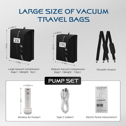 Travel Vacuum Bags With Pump,Space Saver Vacuum Storage Bags, Ip67 Waterproof,Airless Vacuum Kit Travel Carry On Suitcase and Backpack (2 Pack+Pump）