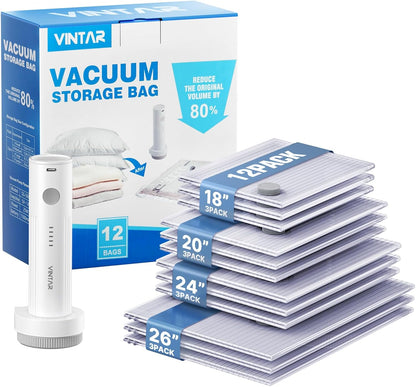 Vacuum Seal Bags for Clothing Travel, 16 Pack Vacuum Storage Bags with Rechargeable Wireless Pump, Space Saver Bags(4 Jumbo+4 Large+4 Medium+4 Small) for Travel Luggage, Suitcase Storage