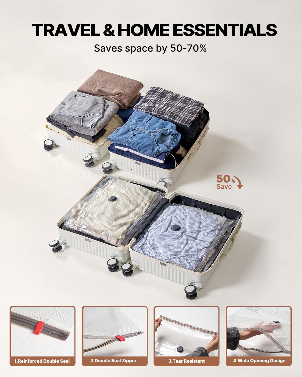 Vacuum Seal Bags for Clothing Travel, 16 Pack Vacuum Storage Bags with Rechargeable Wireless Pump, Space Saver Bags(4 Jumbo+4 Large+4 Medium+4 Small) for Travel Luggage, Suitcase Storage
