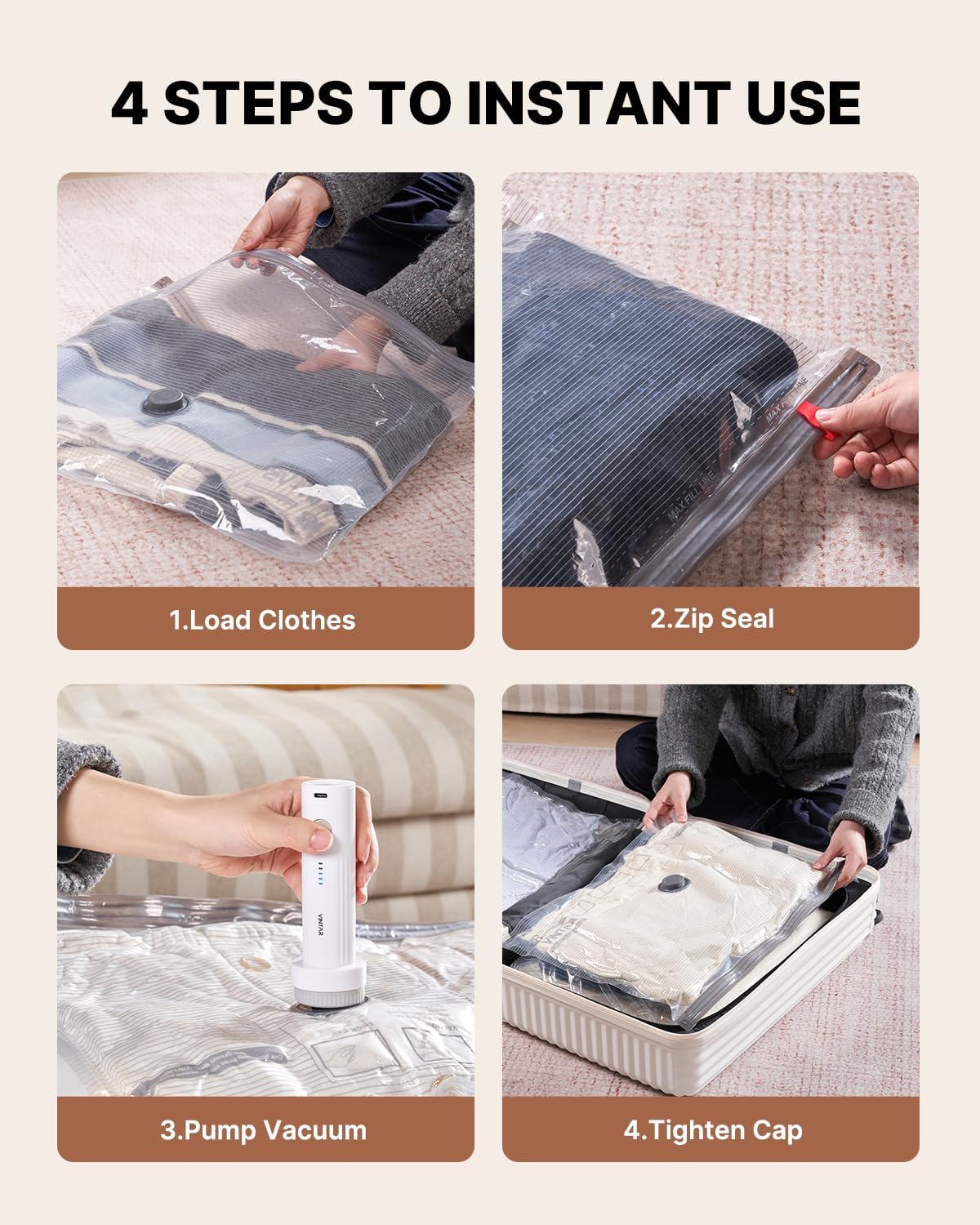 Vacuum Seal Bags for Clothing Travel, 16 Pack Vacuum Storage Bags with Rechargeable Wireless Pump, Space Saver Bags(4 Jumbo+4 Large+4 Medium+4 Small) for Travel Luggage, Suitcase Storage