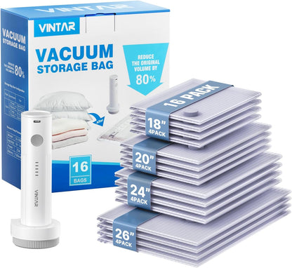 Vacuum Seal Bags for Clothing Travel, 16 Pack Vacuum Storage Bags with Rechargeable Wireless Pump, Space Saver Bags(4 Jumbo+4 Large+4 Medium+4 Small) for Travel Luggage, Suitcase Storage