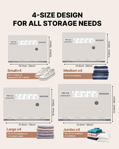 Vacuum Seal Bags for Clothing Travel, 16 Pack Vacuum Storage Bags with Rechargeable Wireless Pump, Space Saver Bags(4 Jumbo+4 Large+4 Medium+4 Small) for Travel Luggage, Suitcase Storage