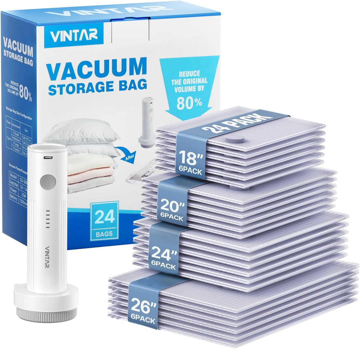 Vacuum Seal Bags for Clothing Travel, 16 Pack Vacuum Storage Bags with Rechargeable Wireless Pump, Space Saver Bags(4 Jumbo+4 Large+4 Medium+4 Small) for Travel Luggage, Suitcase Storage