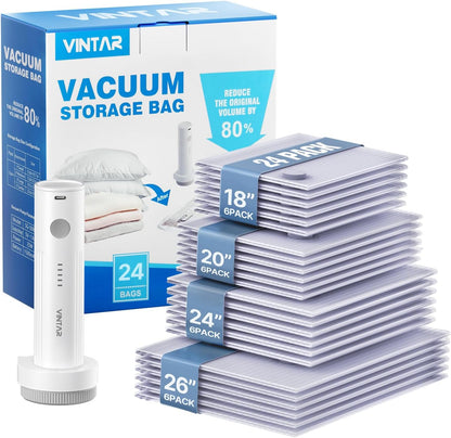 Vacuum Seal Bags for Clothing Travel, 16 Pack Vacuum Storage Bags with Rechargeable Wireless Pump, Space Saver Bags(4 Jumbo+4 Large+4 Medium+4 Small) for Travel Luggage, Suitcase Storage
