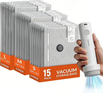 15 Pack Vacuum Storage Bags with Electric Pump for Travel Luggage Clothes | Travel compression space saver vacuum seal bags for closet storage, portable electric pump included for suitcase packing