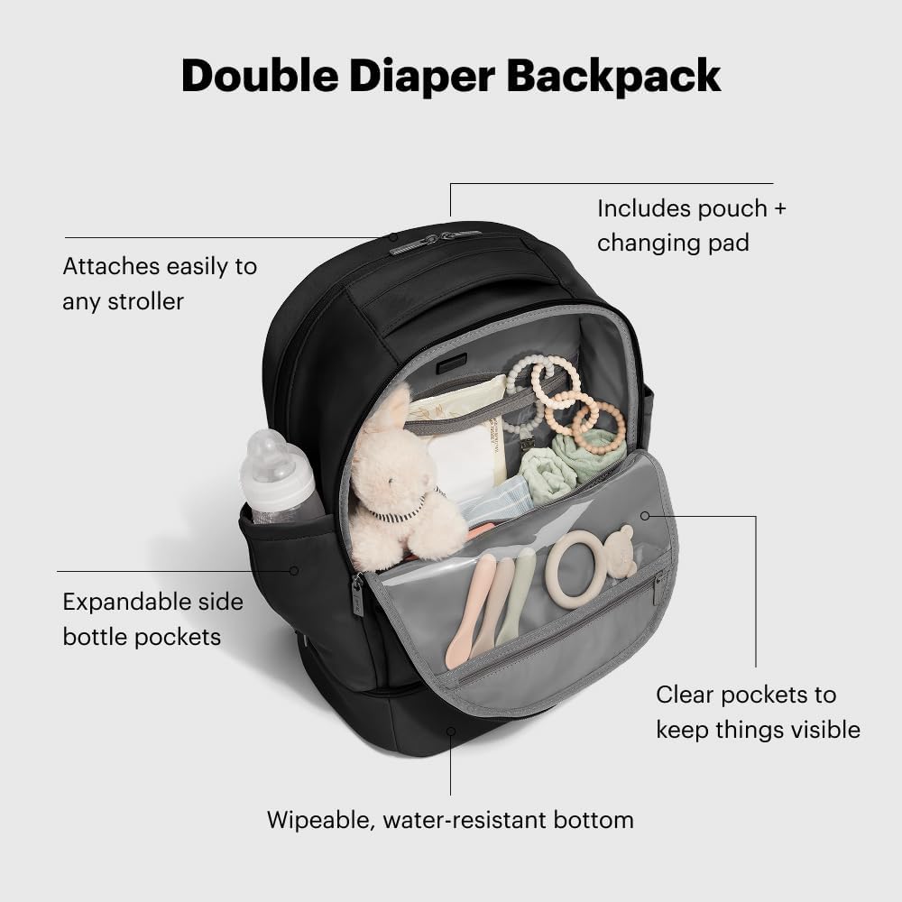 Double Diaper Backpack - Water-Repellent Diaper Bag Backpack with Changing Pad, Trolley Sleeve, Stroller Straps, Interior and Exterior Pockets - Jet Black