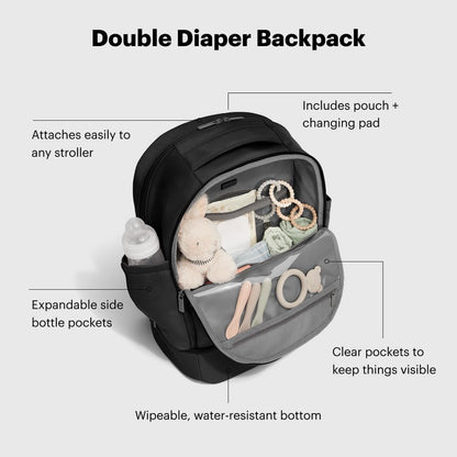 Double Diaper Backpack - Water-Repellent Diaper Bag Backpack with Changing Pad, Trolley Sleeve, Stroller Straps, Interior and Exterior Pockets - Jet Black