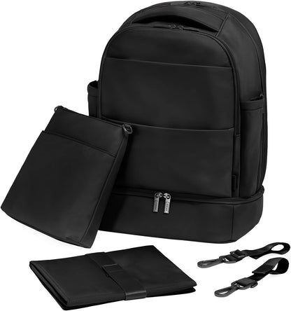 Double Diaper Backpack - Water-Repellent Diaper Bag Backpack with Changing Pad, Trolley Sleeve, Stroller Straps, Interior and Exterior Pockets - Jet Black