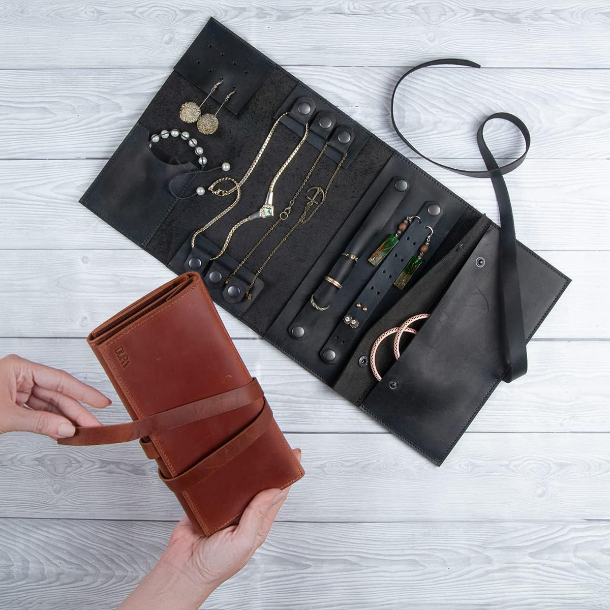 Jewelry Leather Organizer. Mothers Day Leather Organizer. Jewelry Roll. Jewelry Holder. Travel Jewelry Case. Birthday, ChristmasGift. (Black)