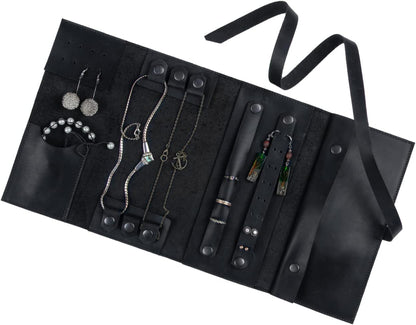 Jewelry Leather Organizer. Mothers Day Leather Organizer. Jewelry Roll. Jewelry Holder. Travel Jewelry Case. Birthday, ChristmasGift. (Black)