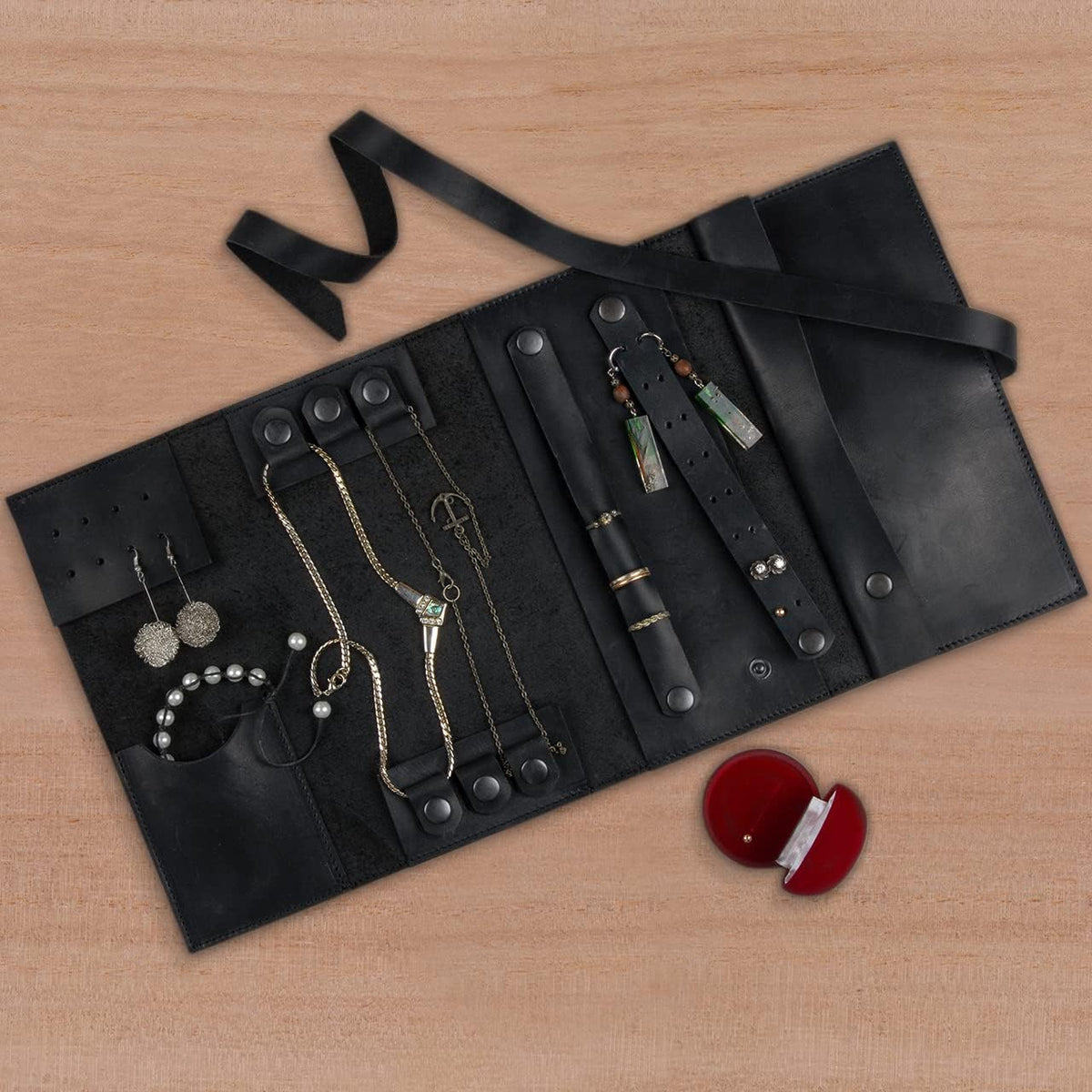 Jewelry Leather Organizer. Mothers Day Leather Organizer. Jewelry Roll. Jewelry Holder. Travel Jewelry Case. Birthday, ChristmasGift. (Black)