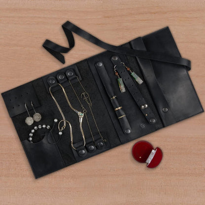 Jewelry Leather Organizer. Mothers Day Leather Organizer. Jewelry Roll. Jewelry Holder. Travel Jewelry Case. Birthday, ChristmasGift. (Black)