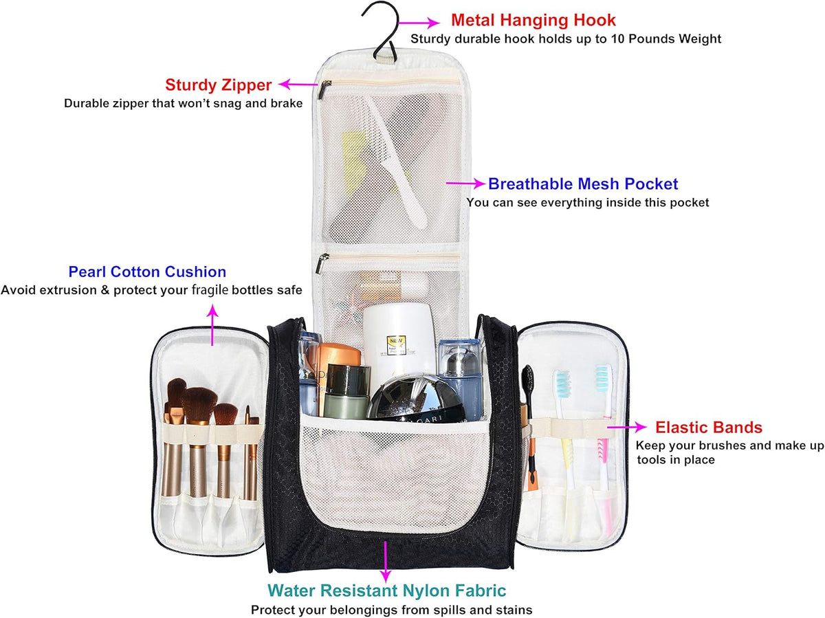 Extra Large Hanging Toiletry Bag for Men and Women - Water-Resistant Nylon Travel Bathroom Organizer for Cosmetics, Makeup, and Toiletries