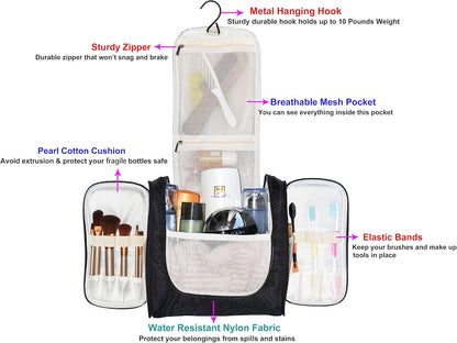 Extra Large Hanging Toiletry Bag for Men and Women - Water-Resistant Nylon Travel Bathroom Organizer for Cosmetics, Makeup, and Toiletries