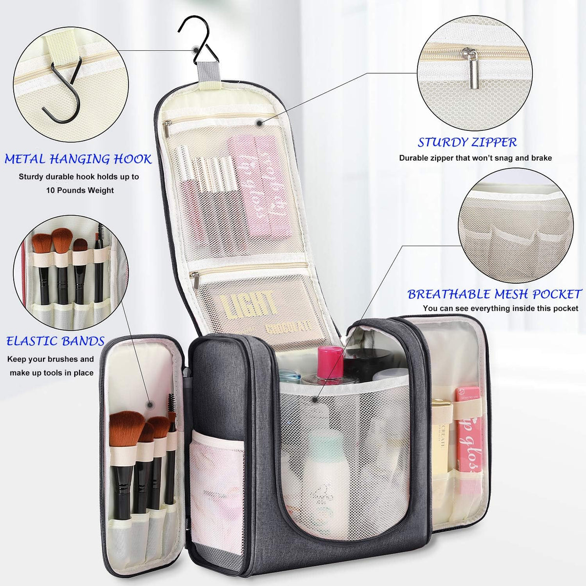 Extra Large Hanging Toiletry Bag for Men and Women - Water-Resistant Nylon Travel Bathroom Organizer for Cosmetics, Makeup, and Toiletries