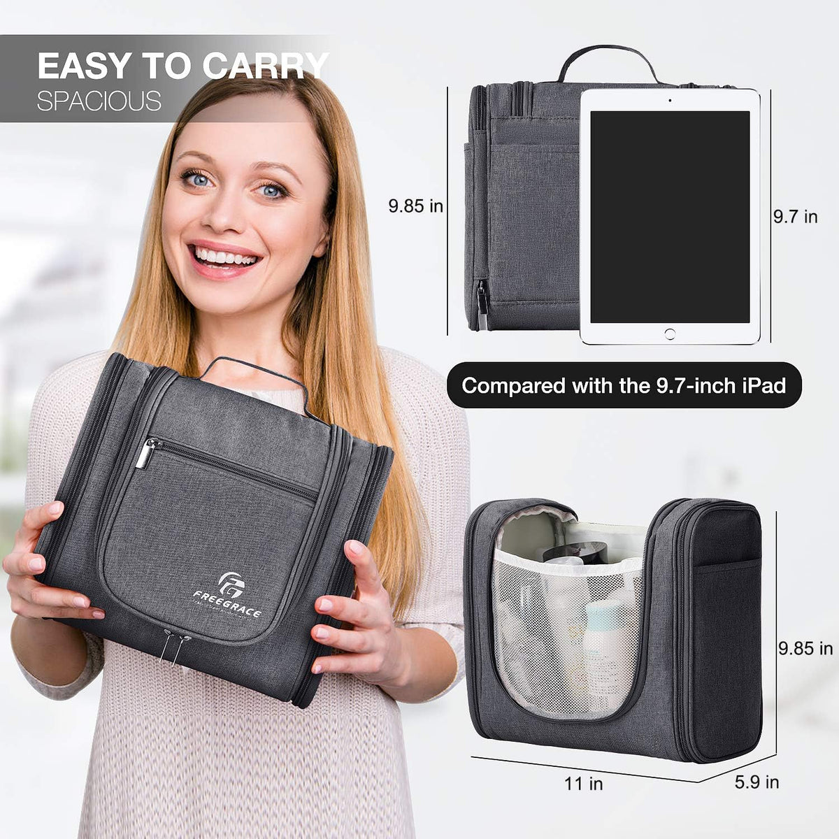 Extra Large Hanging Toiletry Bag for Men and Women - Water-Resistant Nylon Travel Bathroom Organizer for Cosmetics, Makeup, and Toiletries