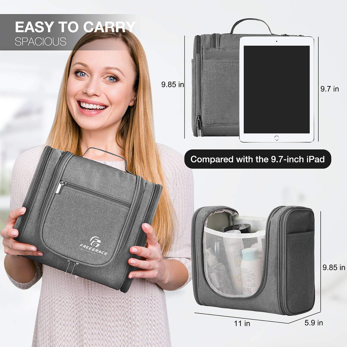 Extra Large Hanging Toiletry Bag for Men and Women - Water-Resistant Nylon Travel Bathroom Organizer for Cosmetics, Makeup, and Toiletries