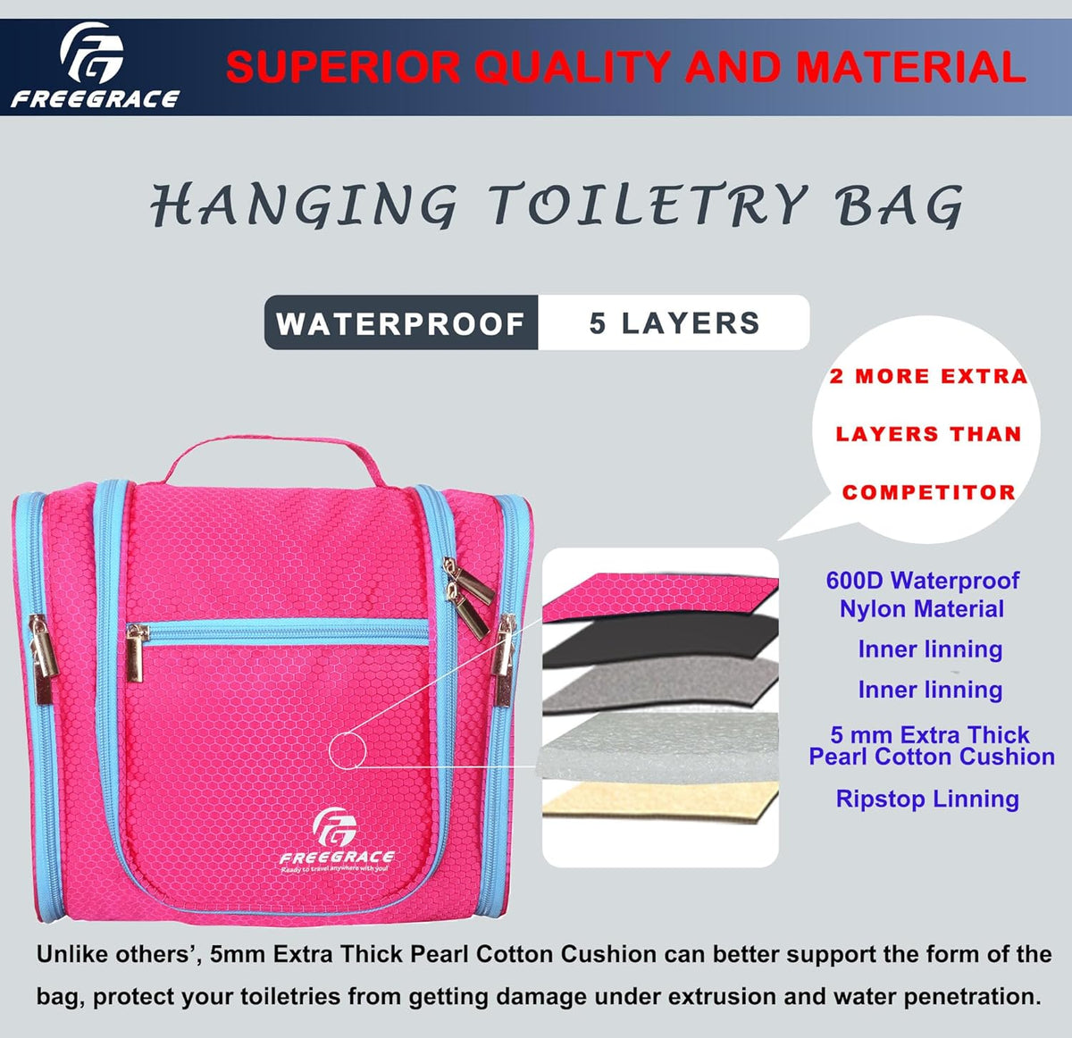 Extra Large Hanging Toiletry Bag for Men and Women - Water-Resistant Nylon Travel Bathroom Organizer for Cosmetics, Makeup, and Toiletries