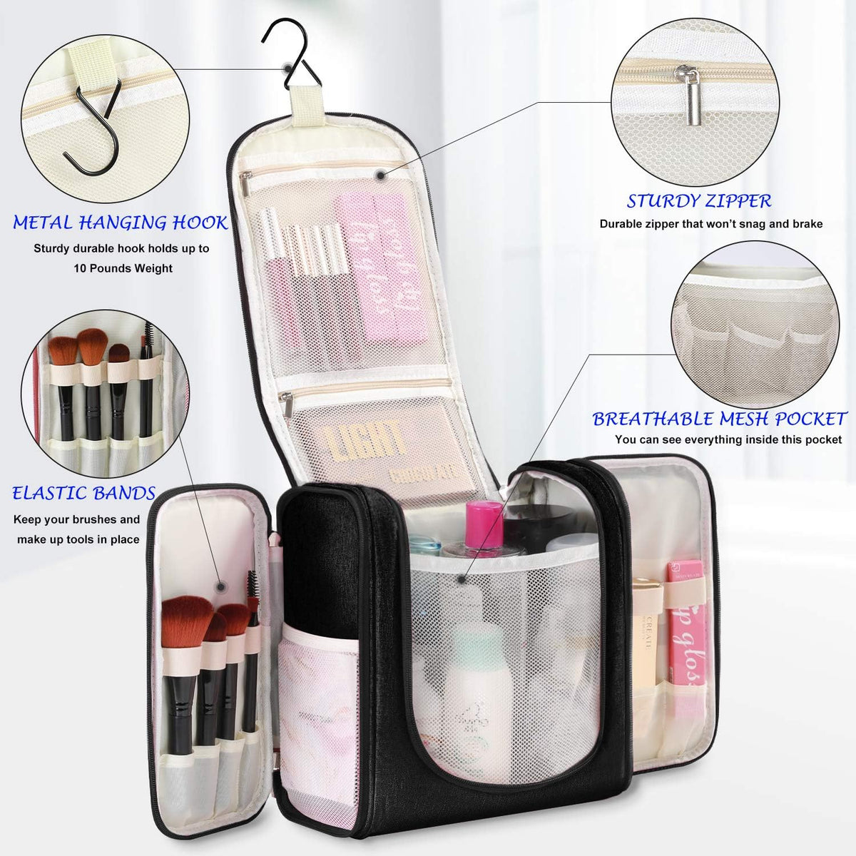 Extra Large Hanging Toiletry Bag for Men and Women - Water-Resistant Nylon Travel Bathroom Organizer for Cosmetics, Makeup, and Toiletries