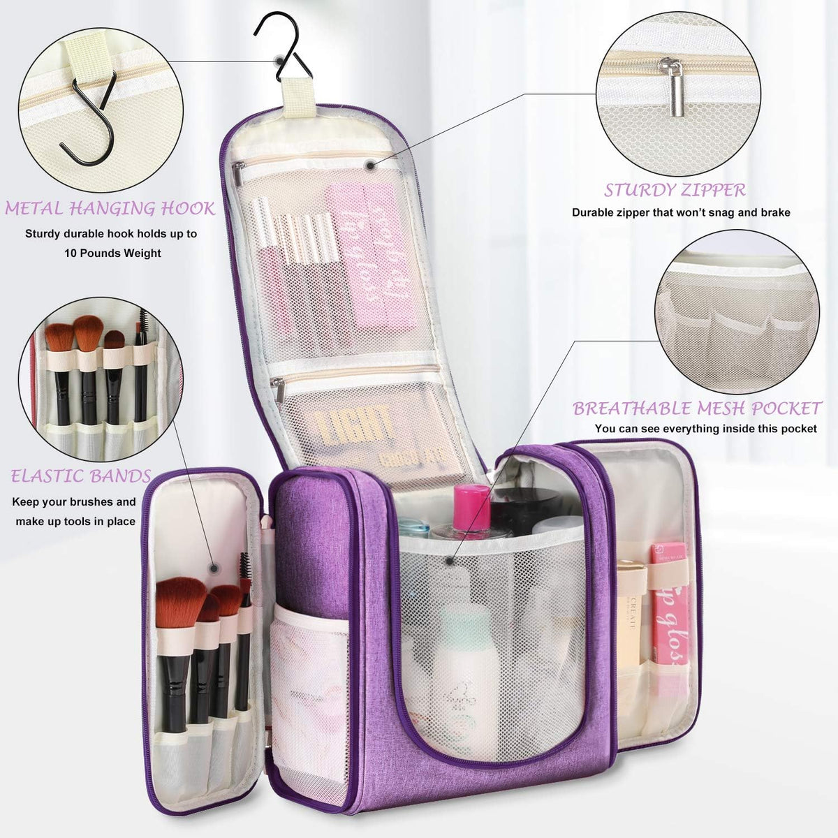 Extra Large Hanging Toiletry Bag for Men and Women - Water-Resistant Nylon Travel Bathroom Organizer for Cosmetics, Makeup, and Toiletries