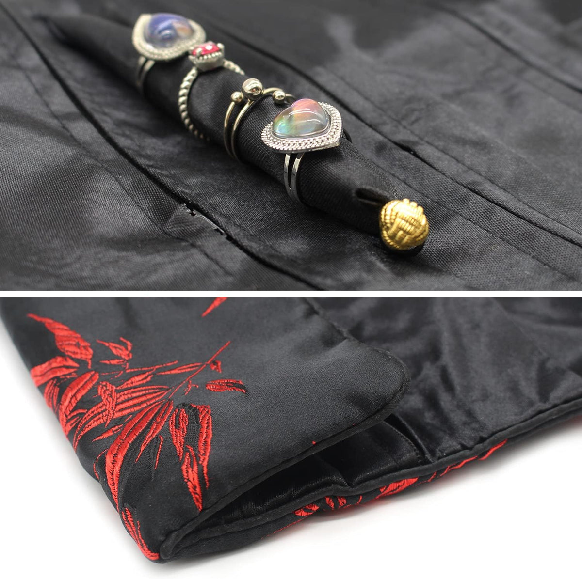 Jewelry Roll, Travel Jewelry Roll Bag, Silk Embroidery Brocade Jewelry Organizer Case with Tie Close (Peacock, Blue)