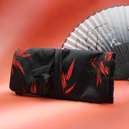 Jewelry Roll, Travel Jewelry Roll Bag, Silk Embroidery Brocade Jewelry Organizer Case with Tie Close (Peacock, Blue)