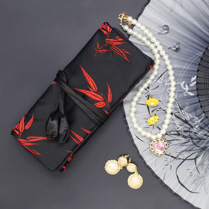 Jewelry Roll, Travel Jewelry Roll Bag, Silk Embroidery Brocade Jewelry Organizer Case with Tie Close (Peacock, Blue)