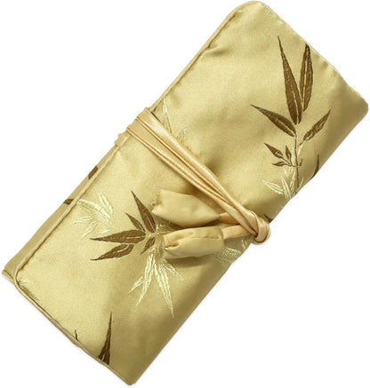 Jewelry Roll, Travel Jewelry Roll Bag, Silk Embroidery Brocade Jewelry Organizer Case with Tie Close (Peacock, Blue)