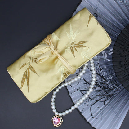 Jewelry Roll, Travel Jewelry Roll Bag, Silk Embroidery Brocade Jewelry Organizer Case with Tie Close (Peacock, Blue)