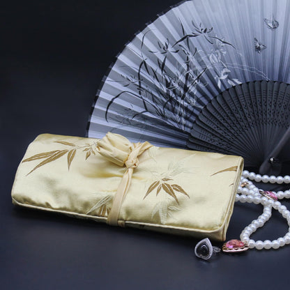 Jewelry Roll, Travel Jewelry Roll Bag, Silk Embroidery Brocade Jewelry Organizer Case with Tie Close (Peacock, Blue)