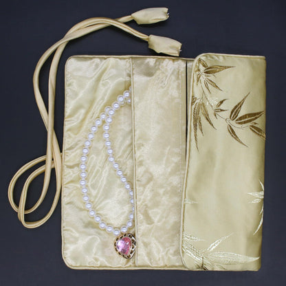 Jewelry Roll, Travel Jewelry Roll Bag, Silk Embroidery Brocade Jewelry Organizer Case with Tie Close (Peacock, Blue)