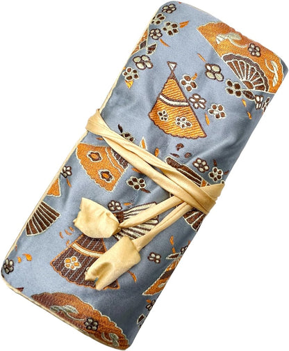 Jewelry Roll, Travel Jewelry Roll Bag, Silk Embroidery Brocade Jewelry Organizer Case with Tie Close (Peacock, Blue)