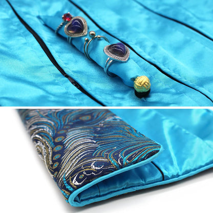 Jewelry Roll, Travel Jewelry Roll Bag, Silk Embroidery Brocade Jewelry Organizer Case with Tie Close (Peacock, Blue)