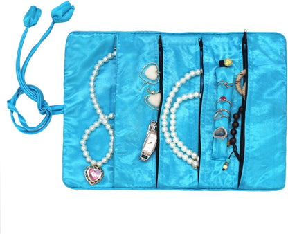 Jewelry Roll, Travel Jewelry Roll Bag, Silk Embroidery Brocade Jewelry Organizer Case with Tie Close (Peacock, Blue)