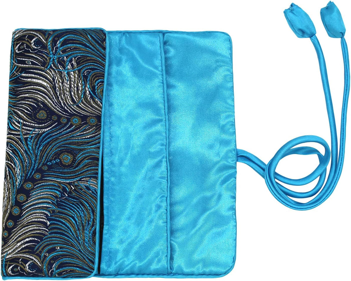 Jewelry Roll, Travel Jewelry Roll Bag, Silk Embroidery Brocade Jewelry Organizer Case with Tie Close (Peacock, Blue)