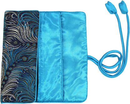 Jewelry Roll, Travel Jewelry Roll Bag, Silk Embroidery Brocade Jewelry Organizer Case with Tie Close (Peacock, Blue)