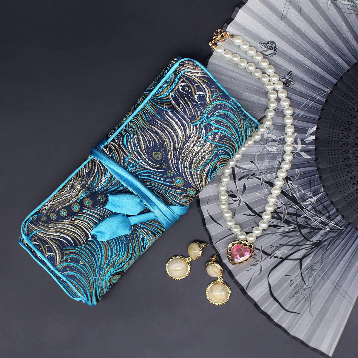 Jewelry Roll, Travel Jewelry Roll Bag, Silk Embroidery Brocade Jewelry Organizer Case with Tie Close (Peacock, Blue)