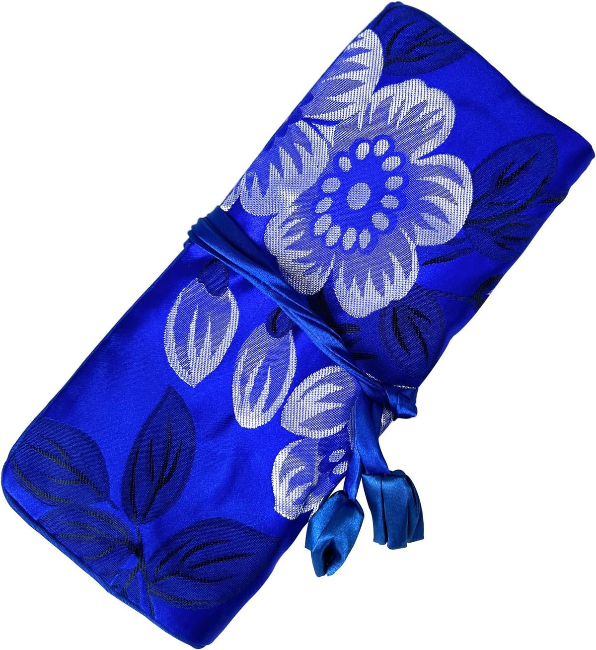 Jewelry Roll, Travel Jewelry Roll Bag, Silk Embroidery Brocade Jewelry Organizer Case with Tie Close (Peacock, Blue)