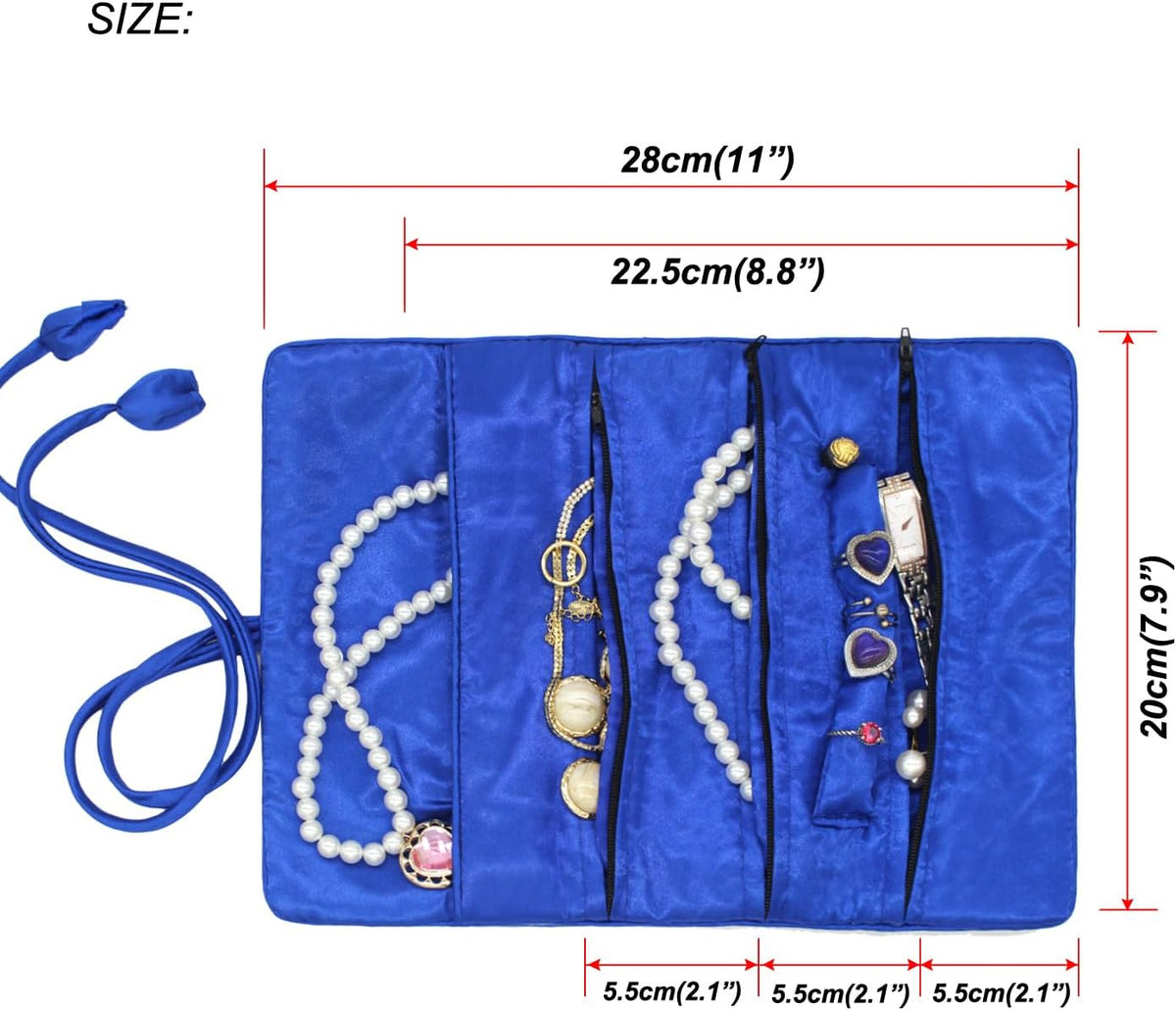 Jewelry Roll, Travel Jewelry Roll Bag, Silk Embroidery Brocade Jewelry Organizer Case with Tie Close (Peacock, Blue)