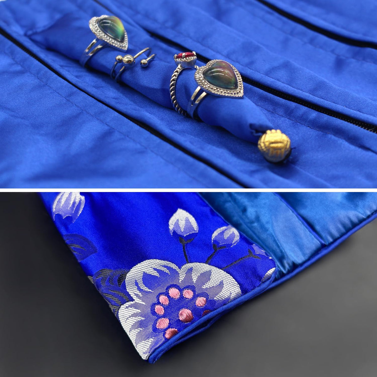 Jewelry Roll, Travel Jewelry Roll Bag, Silk Embroidery Brocade Jewelry Organizer Case with Tie Close (Peacock, Blue)