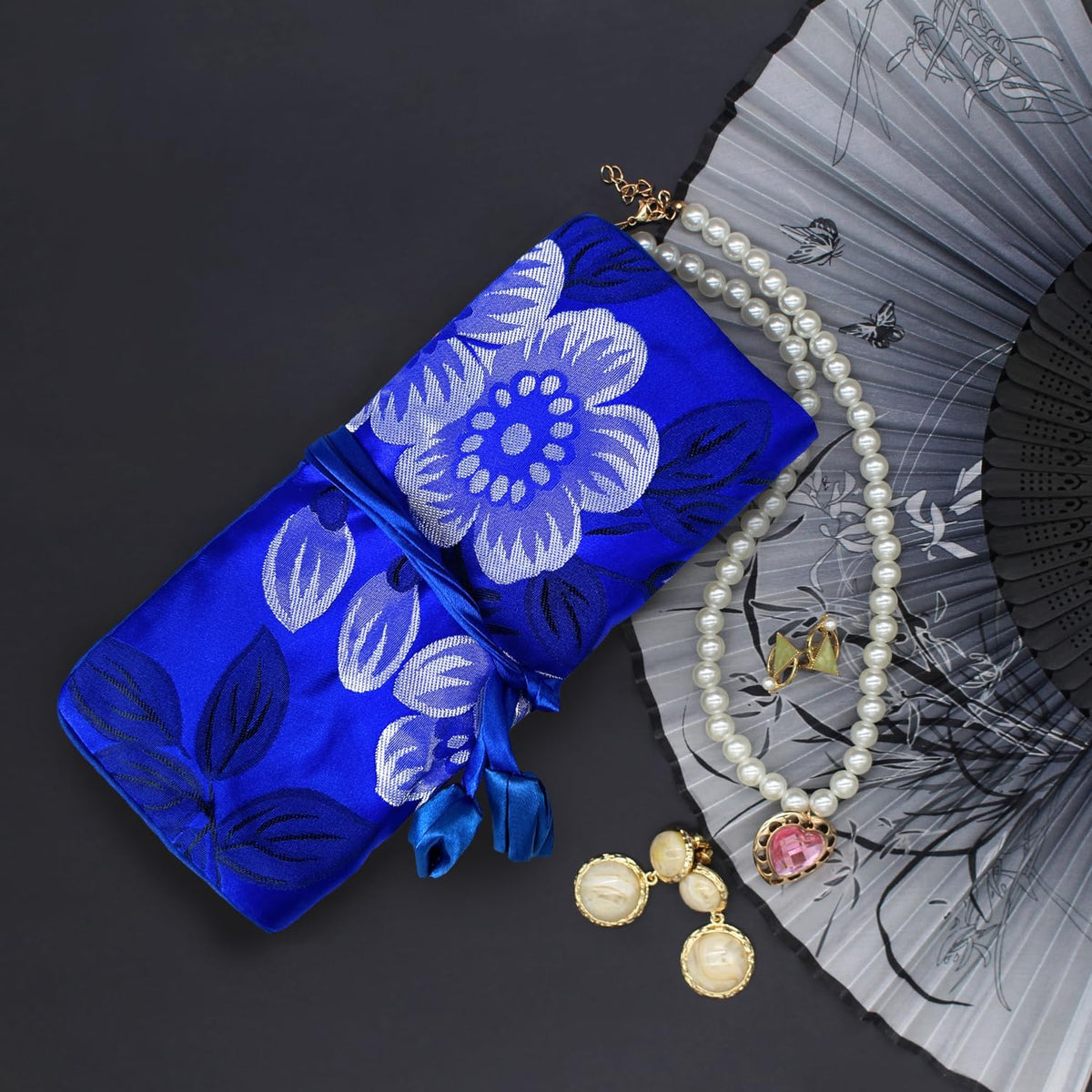 Jewelry Roll, Travel Jewelry Roll Bag, Silk Embroidery Brocade Jewelry Organizer Case with Tie Close (Peacock, Blue)