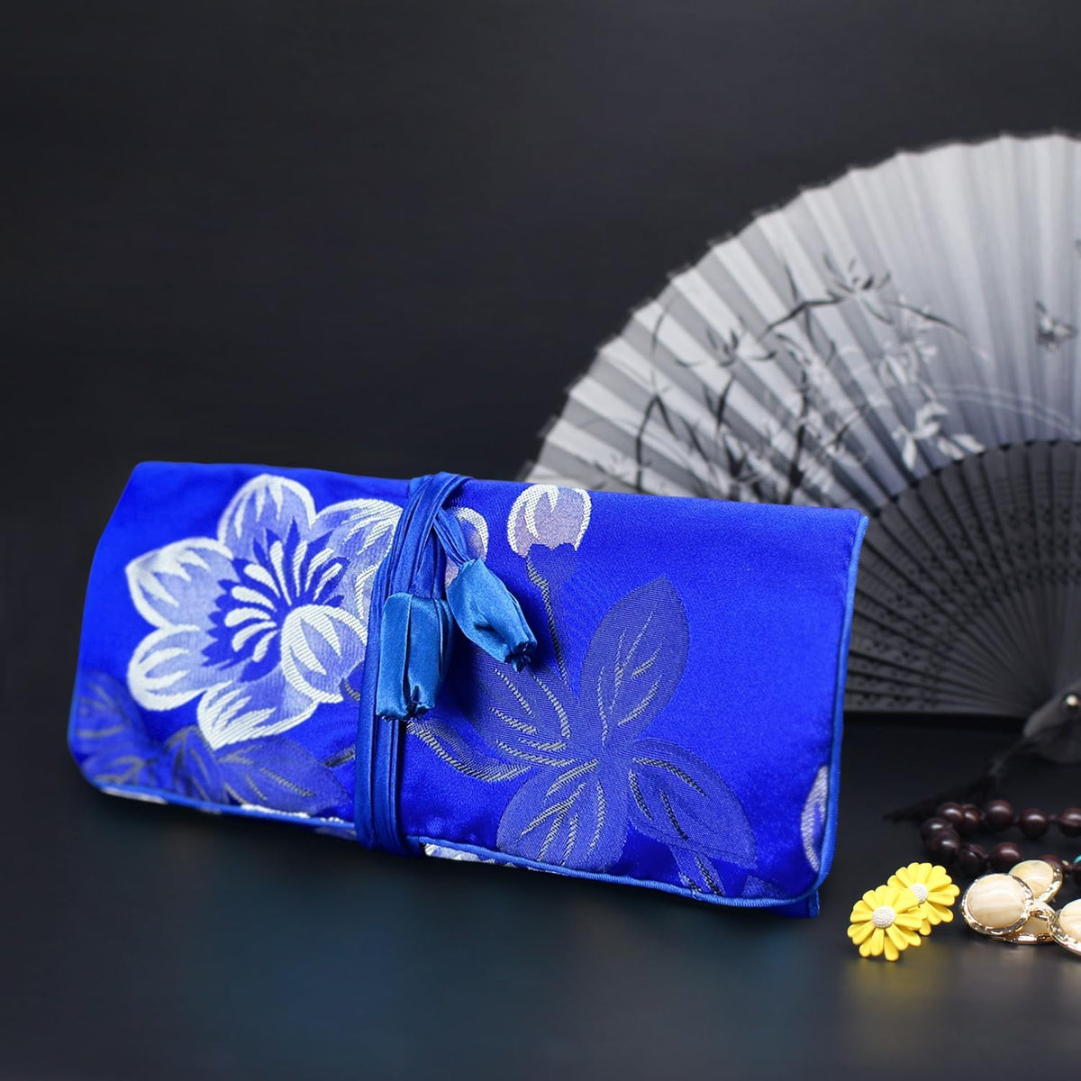Jewelry Roll, Travel Jewelry Roll Bag, Silk Embroidery Brocade Jewelry Organizer Case with Tie Close (Peacock, Blue)